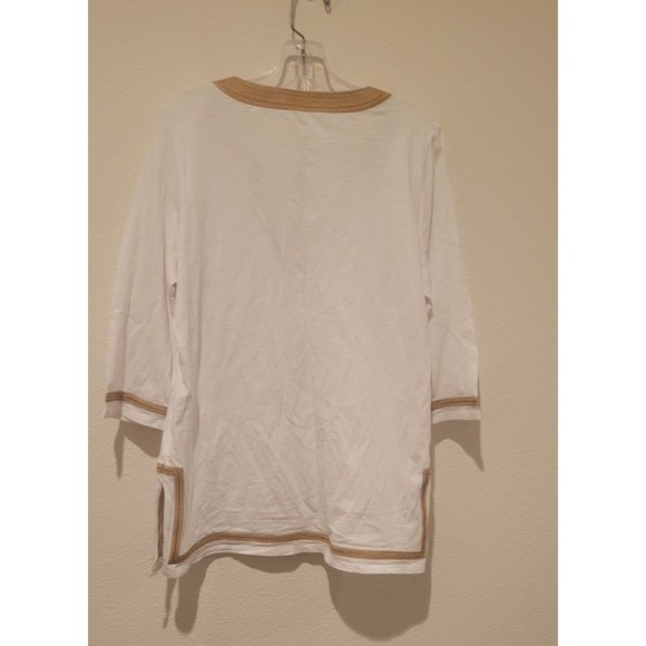 COLDWATER CREEK WOMENS White W/Gold Embroider Trim 3/4 Sleeve Top Size Large/14 - Picture 2 of 5